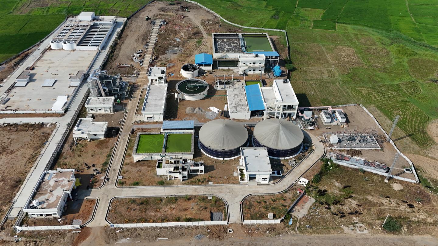 Aerial view of buildings and roads inside the textile park