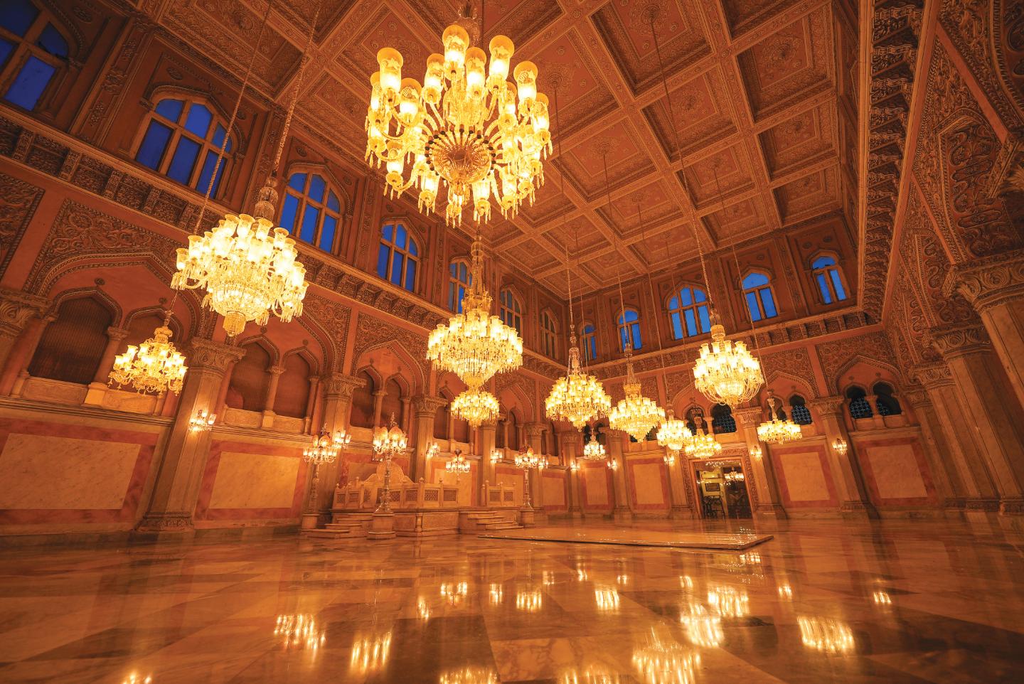 Chandeliers in the grand hall of Chowmahalla Palace, Hyderabad