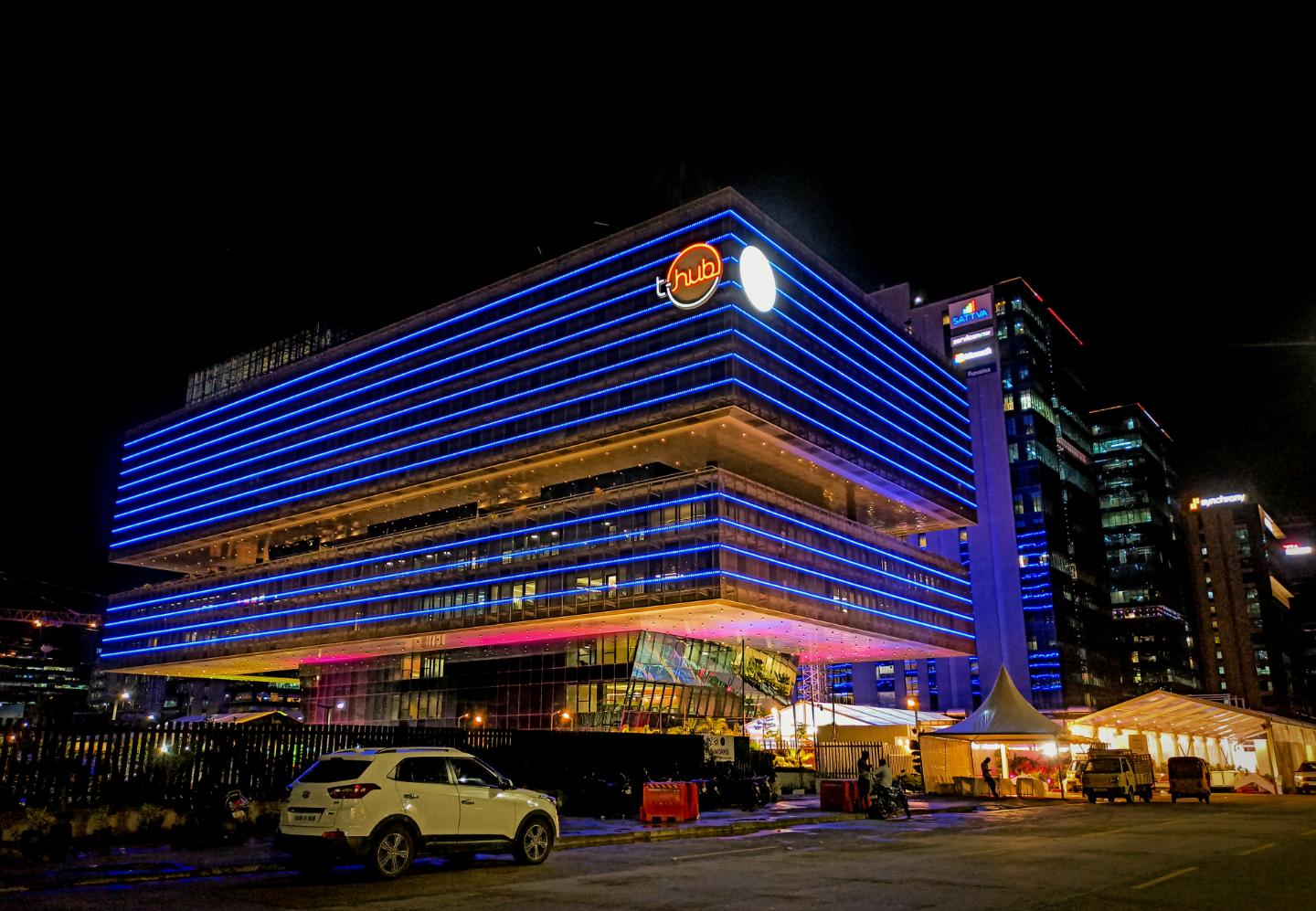 The T-Hub building in Hyderabad, lit at night