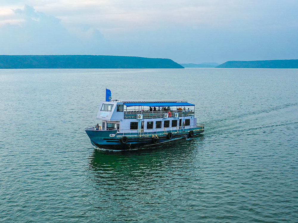 A tourist boat on the water at Nagarjuna Sagar