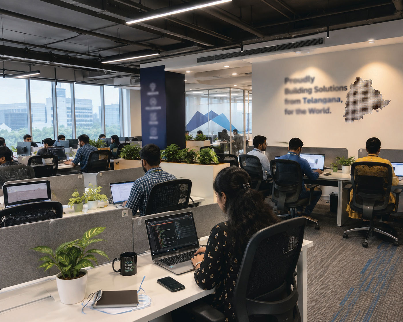 An innovation floor in Hyderabad, with a wall reading &ldquo;Proudly building solutions from Telangana, for the world&rdquo;